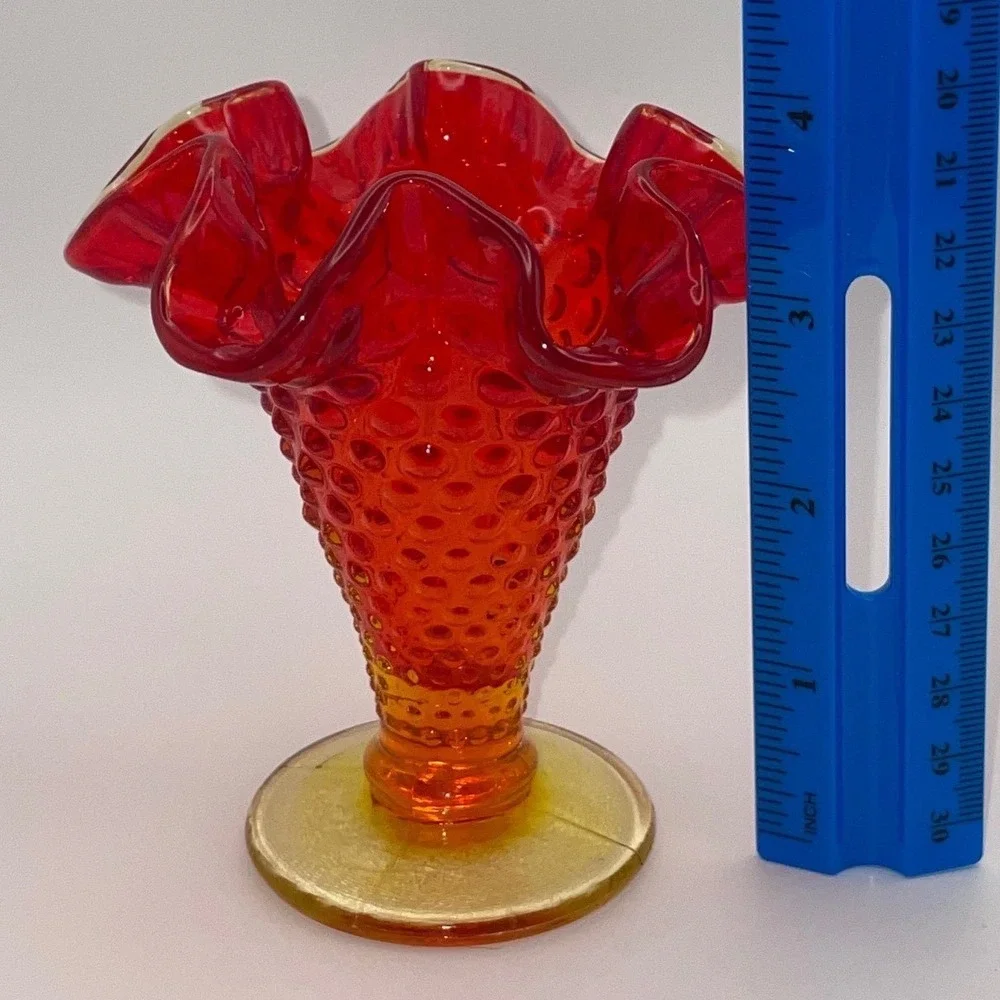 VTG Fenton Amberina Hobnail Glass Vase Red Orange Yellow Ruffled Edge Footed 4